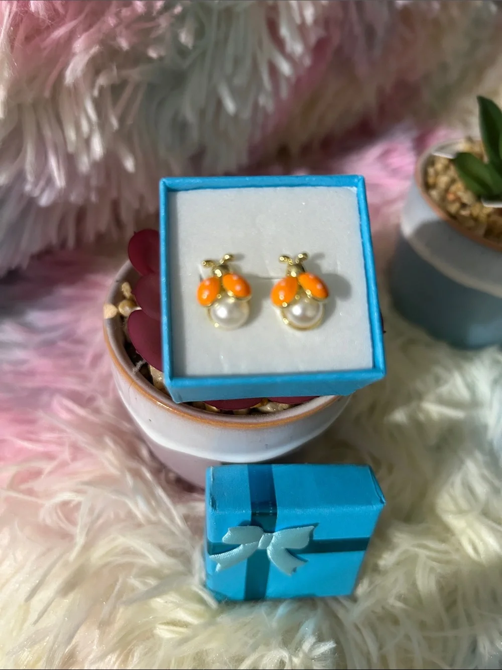Gold-Tone Orange and Pearl Drop Stud Earrings